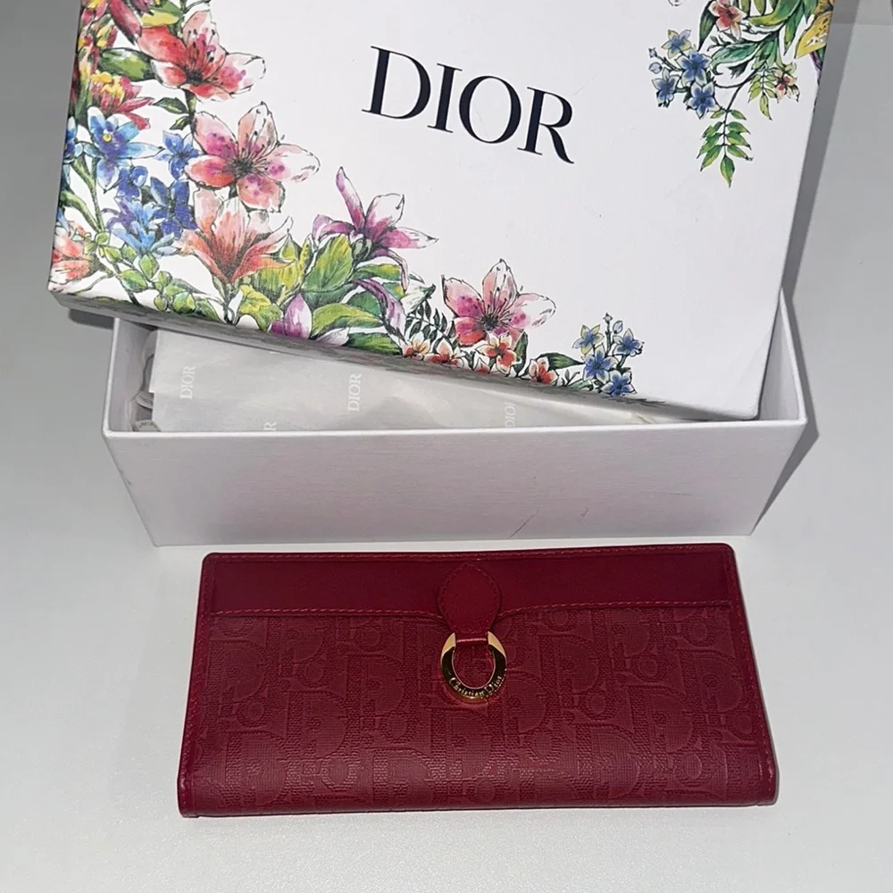 Dior Red Leather Wallet with Metallic Detail